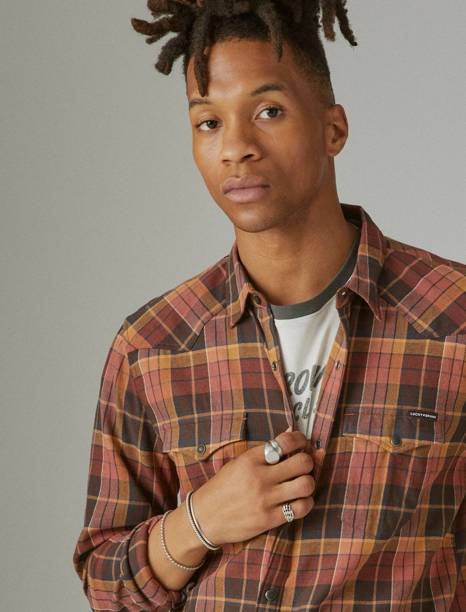 Lucky Brand Men's Stretch Grom Plaid Western Long Sleeve Shirt