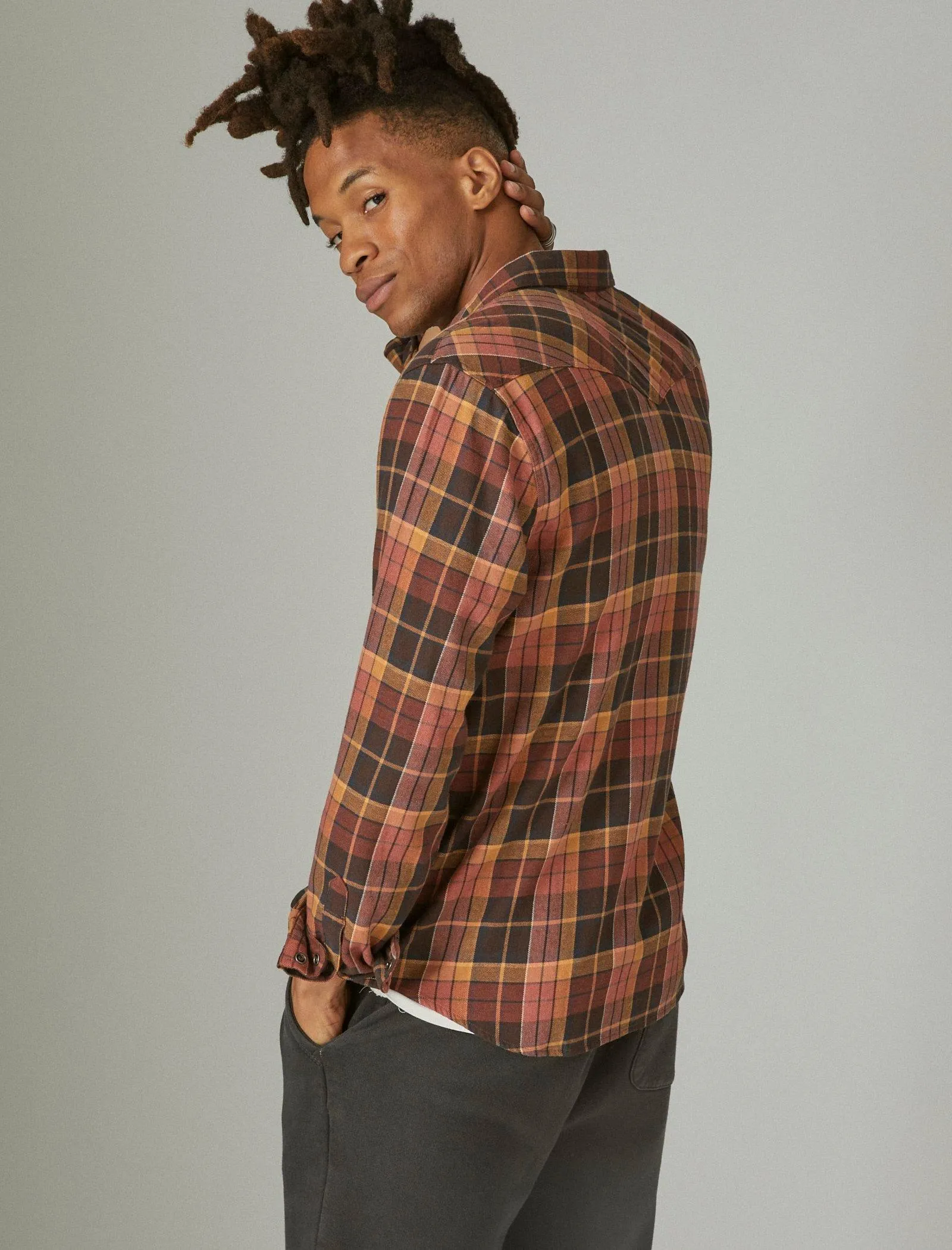 Lucky Brand Men's Stretch Grom Plaid Western Long Sleeve Shirt
