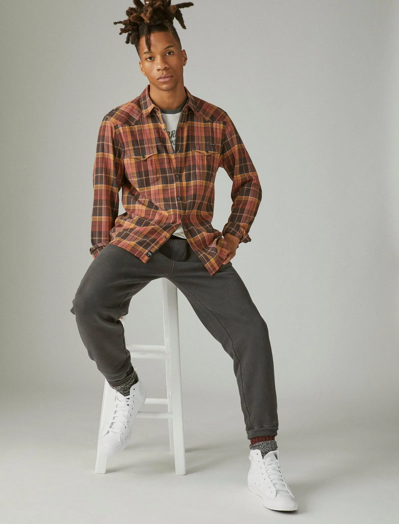 Lucky Brand Men's Stretch Grom Plaid Western Long Sleeve Shirt