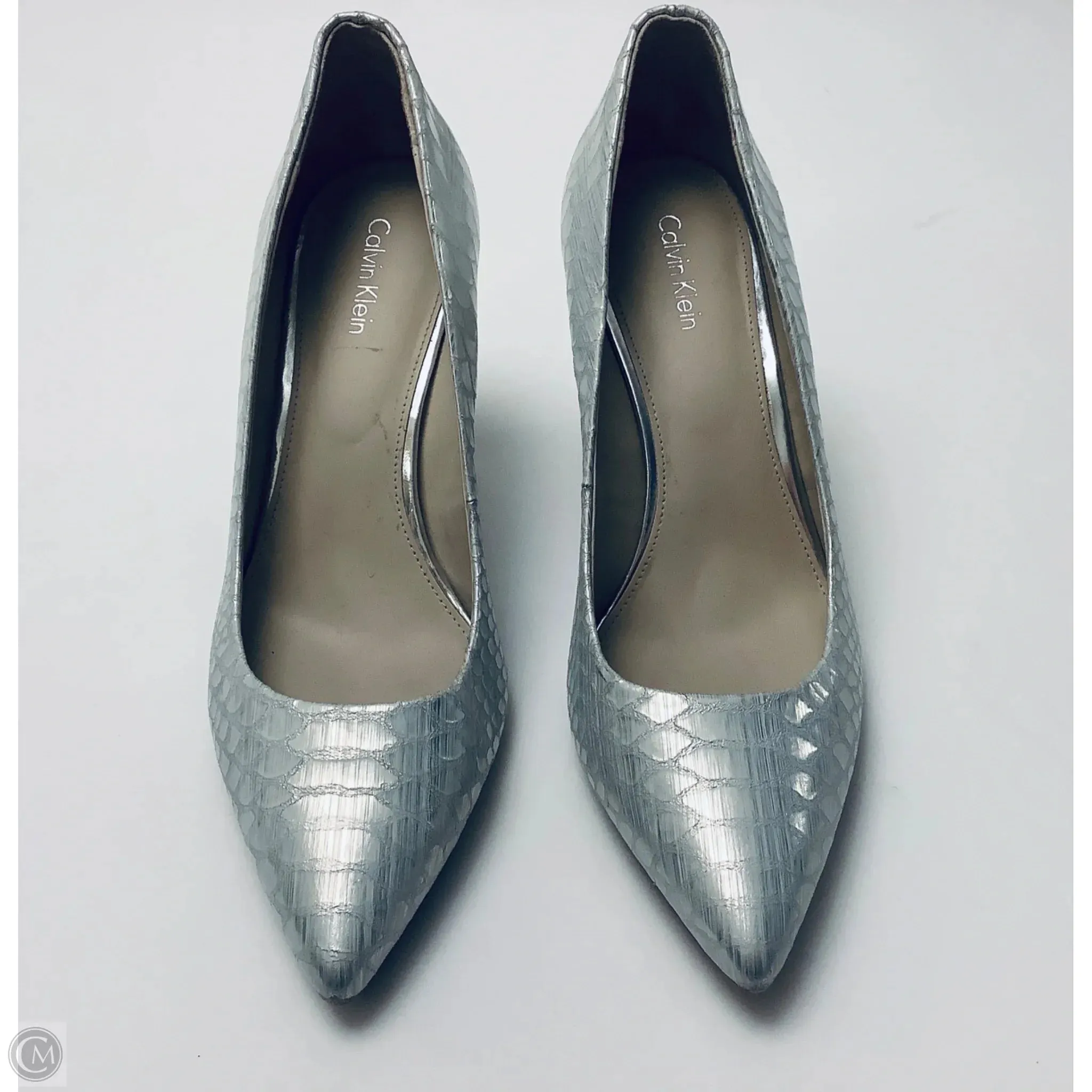Shoes Heels Stiletto By Calvin Klein In Silver, Size: 8.5
