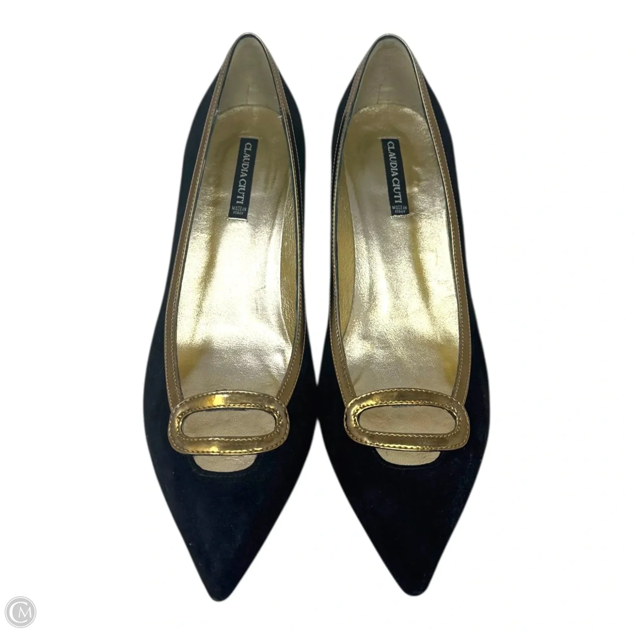 Vintage Gold Trim Suede Heels Shoes Heels Stiletto By Claudia Ciuti In Black & Gold, Size: 9.5